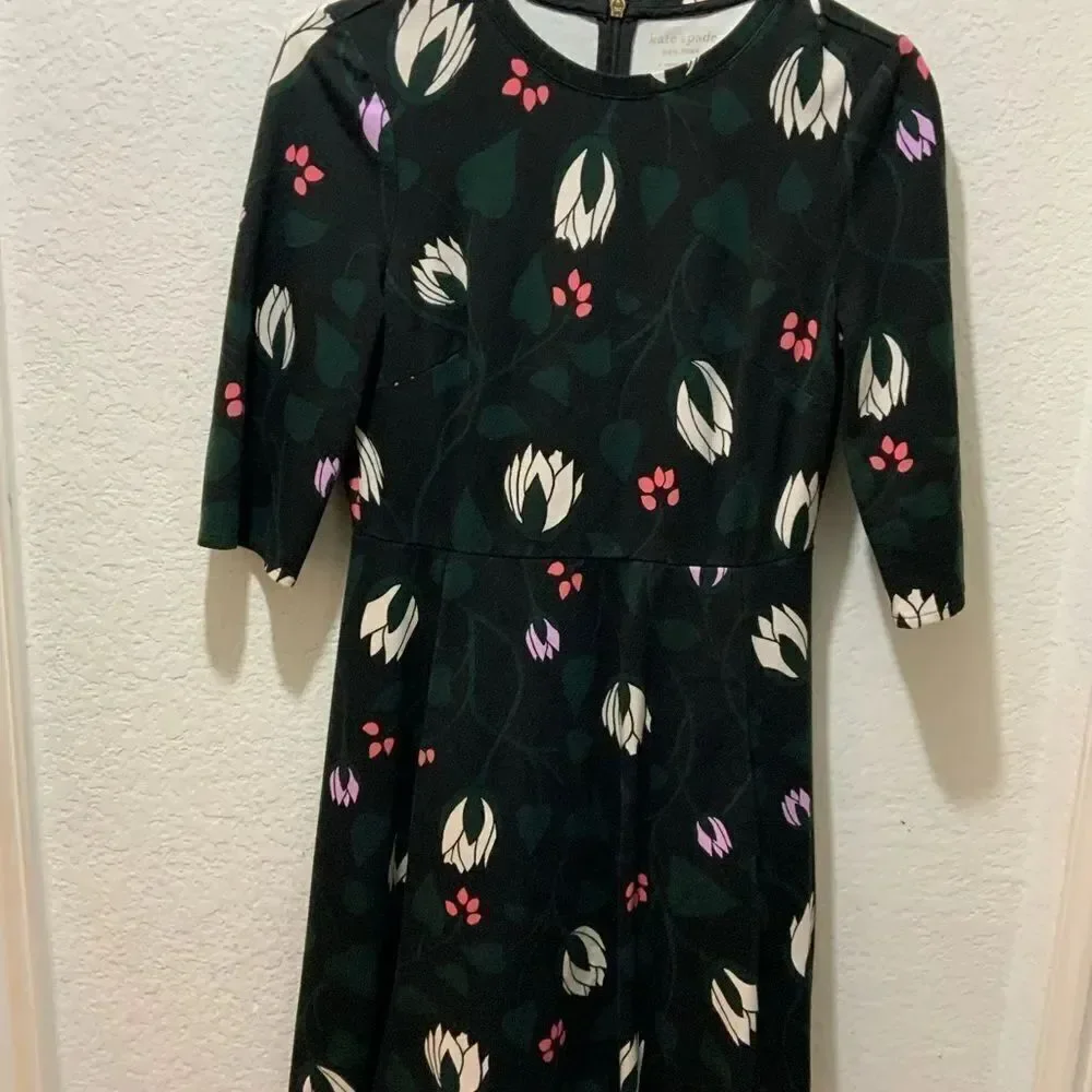 Kate Spade Long Bell Sleeve Floral Print Mini Dress Black Stretchy S